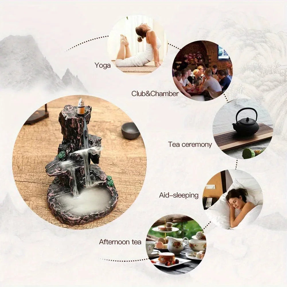 Backflow Waterfall Incense Burner Kit — Smoke Falls Effect (Burner + 120 Cones + 30 Sticks + Mat + Tweezer)