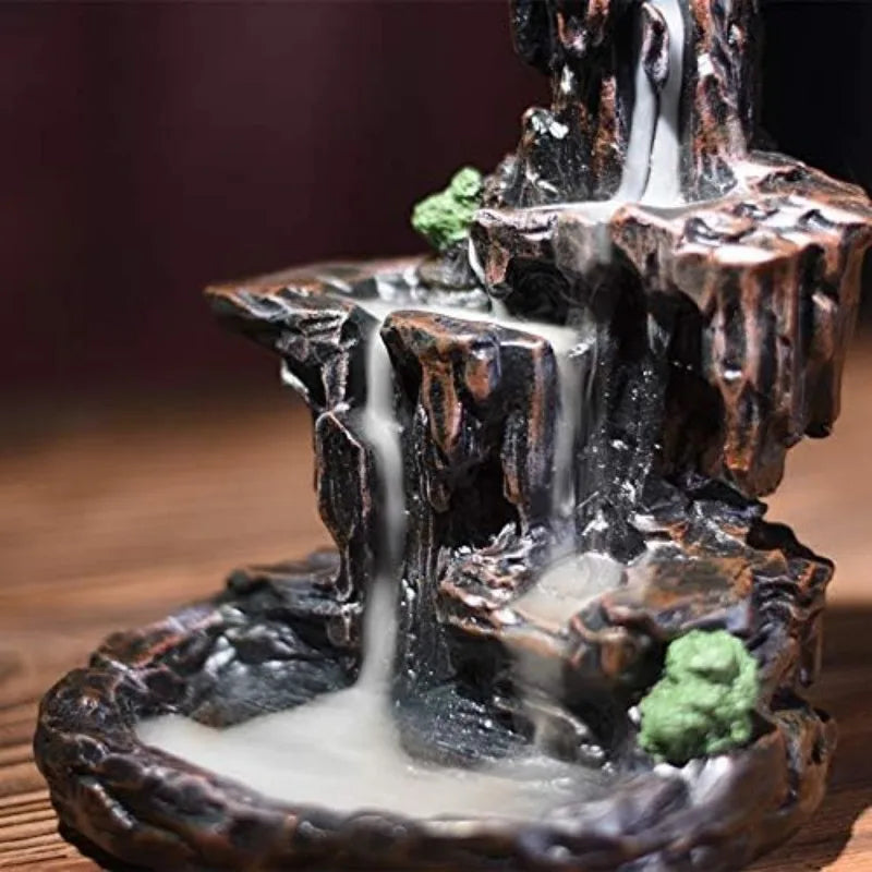 Backflow Waterfall Incense Burner Kit — Smoke Falls Effect (Burner + 120 Cones + 30 Sticks + Mat + Tweezer)