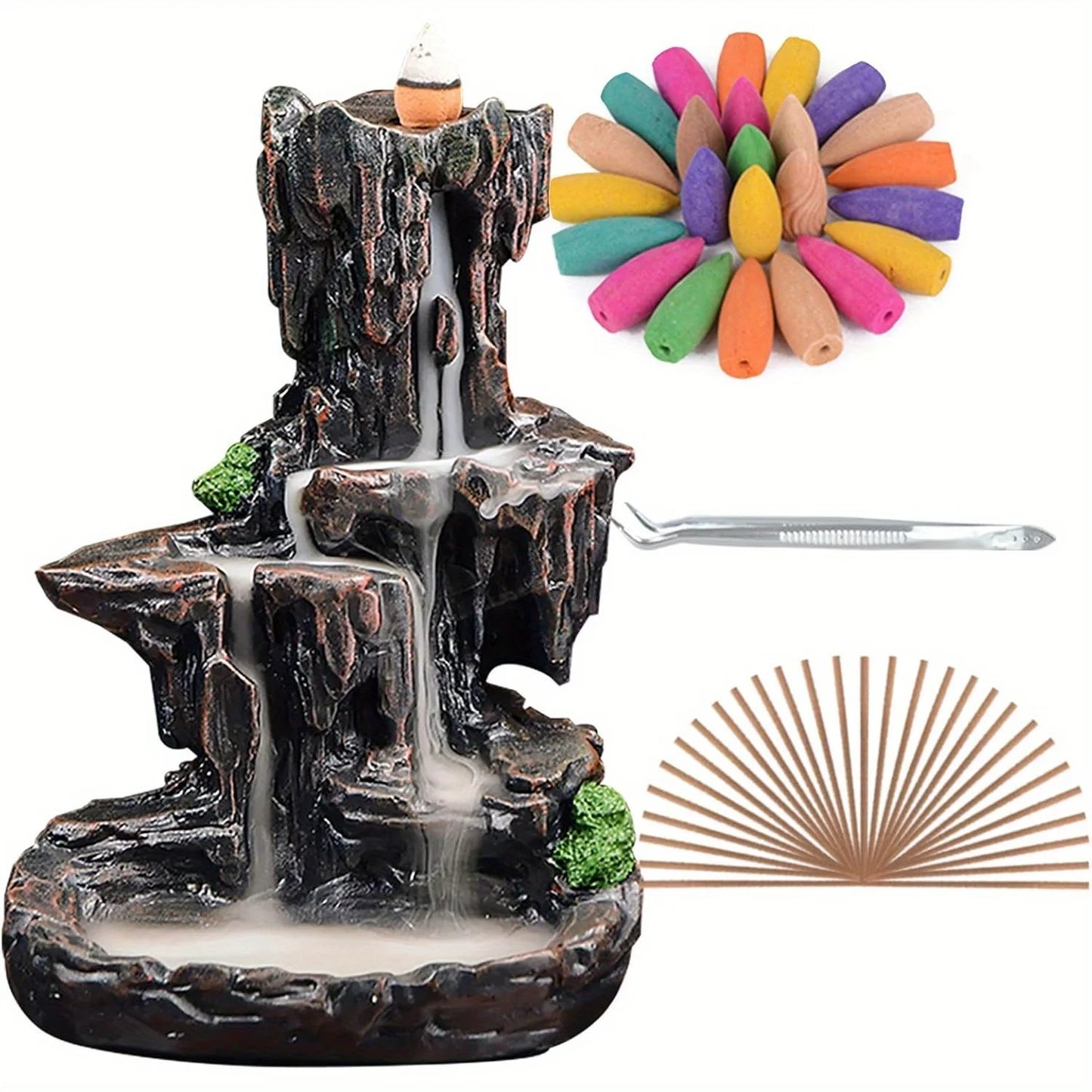 Backflow Waterfall Incense Burner Kit — Smoke Falls Effect (Burner + 120 Cones + 30 Sticks + Mat + Tweezer)