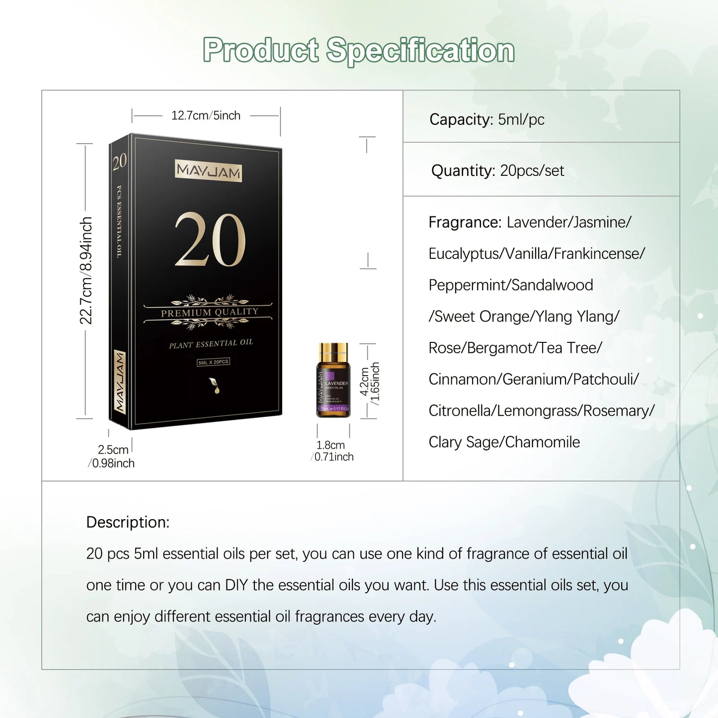 20-Bottle Essential Oils Gift Set — Lavender, Jasmine, Eucalyptus, Vanilla, Sandalwood, Sweet Orange, Geranium, Patchouli & more (for Diffusers)