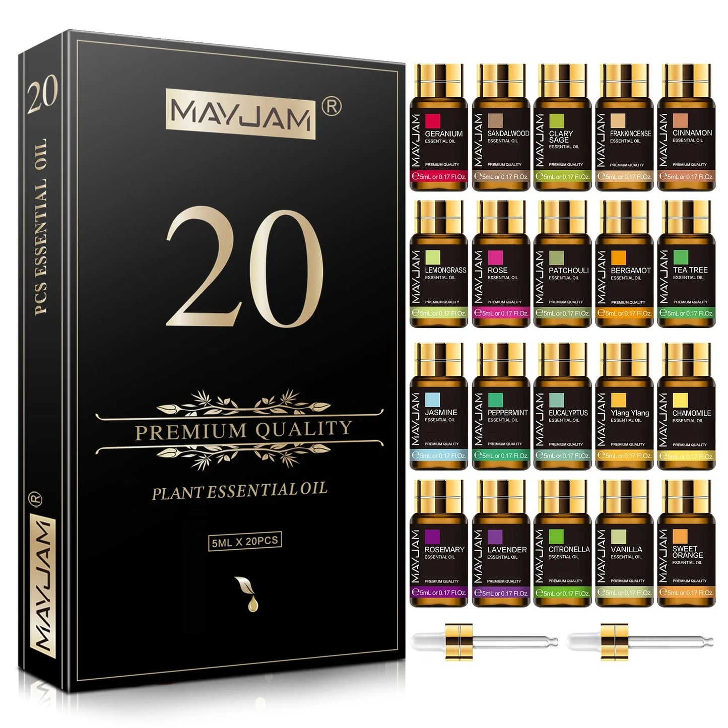 20-Bottle Essential Oils Gift Set — Lavender, Jasmine, Eucalyptus, Vanilla, Sandalwood, Sweet Orange, Geranium, Patchouli & more (for Diffusers)