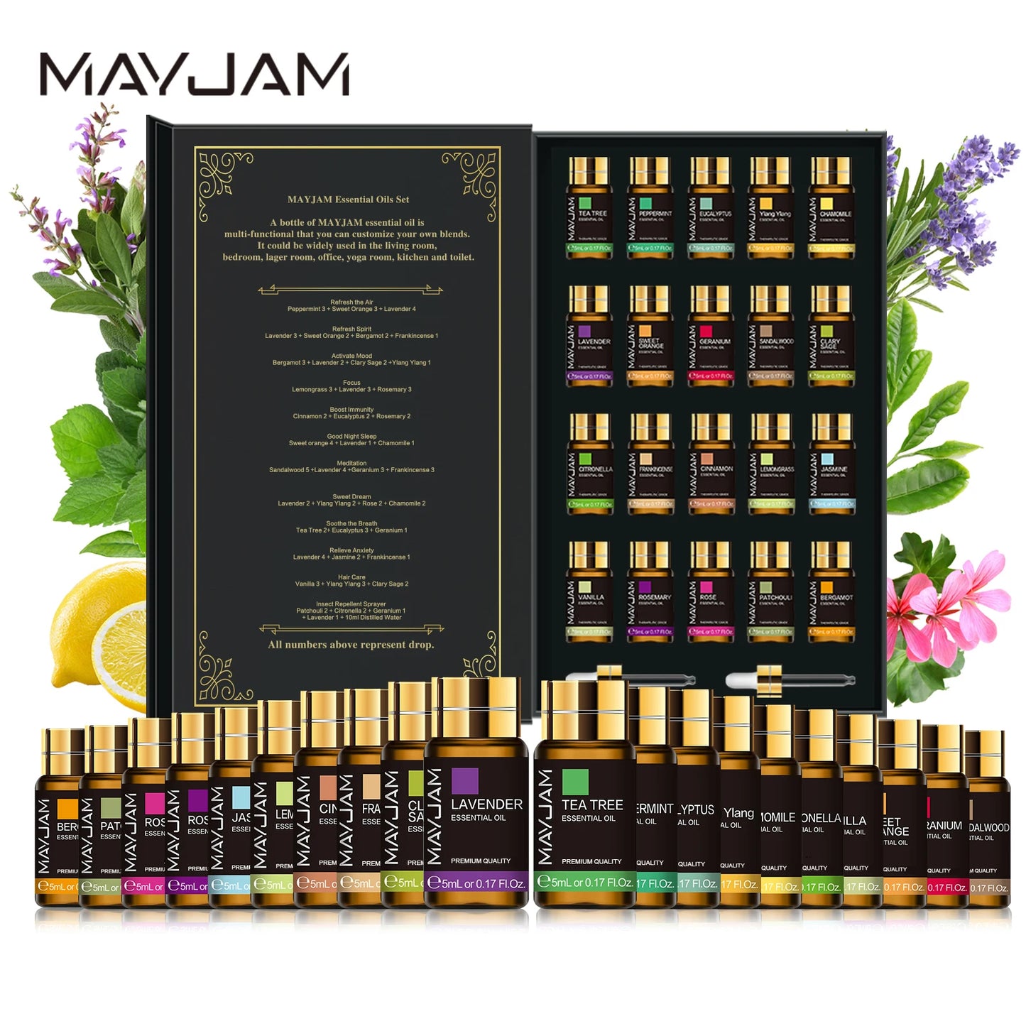 20-Bottle Essential Oils Gift Set — Lavender, Jasmine, Eucalyptus, Vanilla, Sandalwood, Sweet Orange, Geranium, Patchouli & more (for Diffusers)