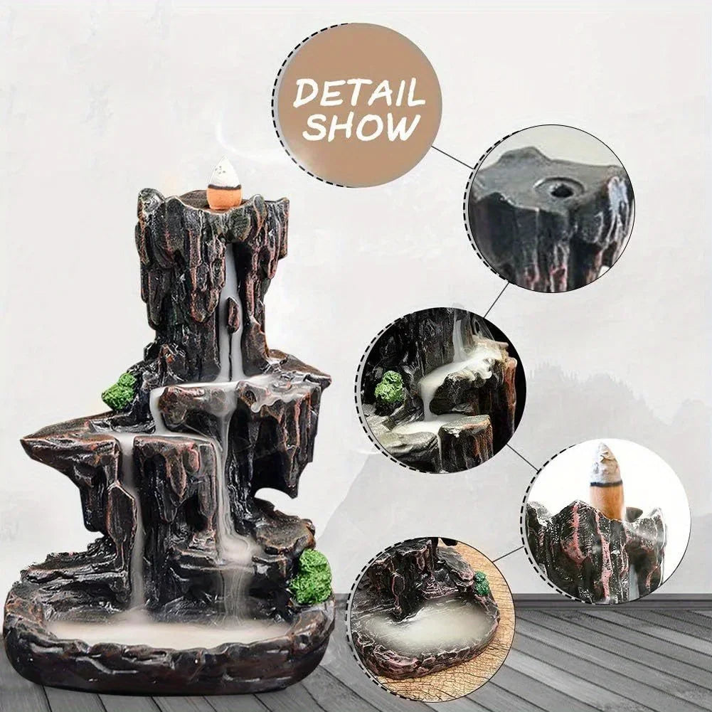 Backflow Waterfall Incense Burner Kit — Smoke Falls Effect (Burner + 120 Cones + 30 Sticks + Mat + Tweezer)