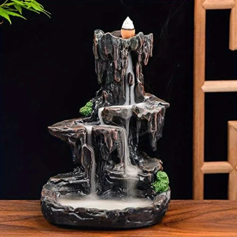 Backflow Waterfall Incense Burner Kit — Smoke Falls Effect (Burner + 120 Cones + 30 Sticks + Mat + Tweezer)