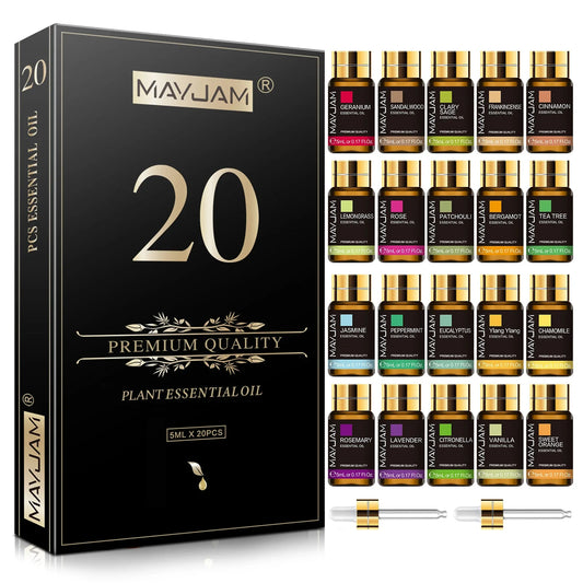 20-Bottle Essential Oils Gift Set — Lavender, Jasmine, Eucalyptus, Vanilla, Sandalwood, Sweet Orange, Geranium, Patchouli & more (for Diffusers)